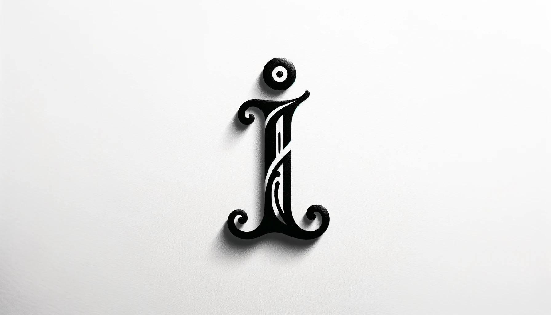he image depicts a small letter 'i' in an imaginative, fancy font, designed in black against a white background.