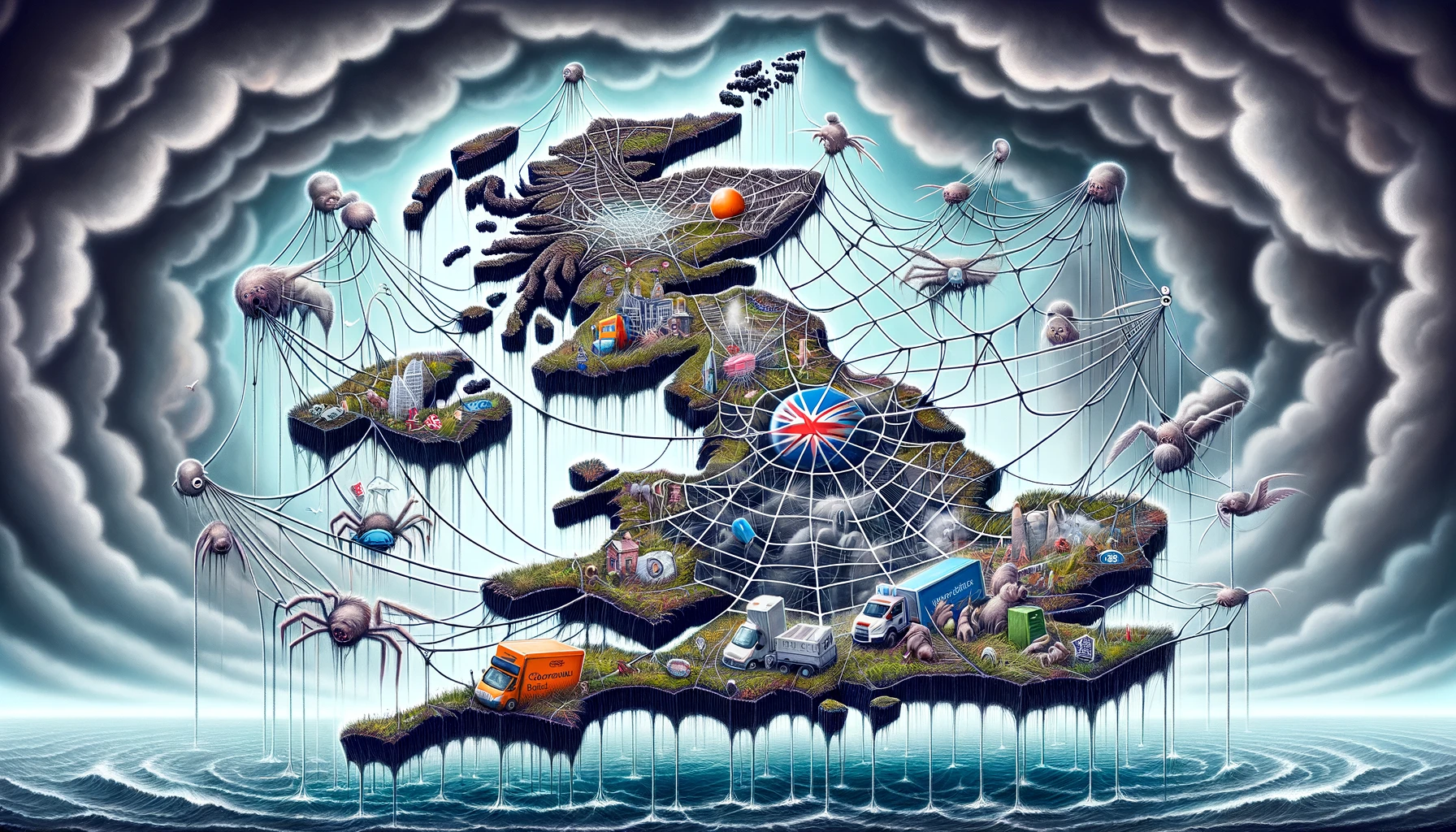 A surreal illustration depicting the UK shaped as a tangled web, representing the failing council services with frayed and broken strands, set against stormy clouds.