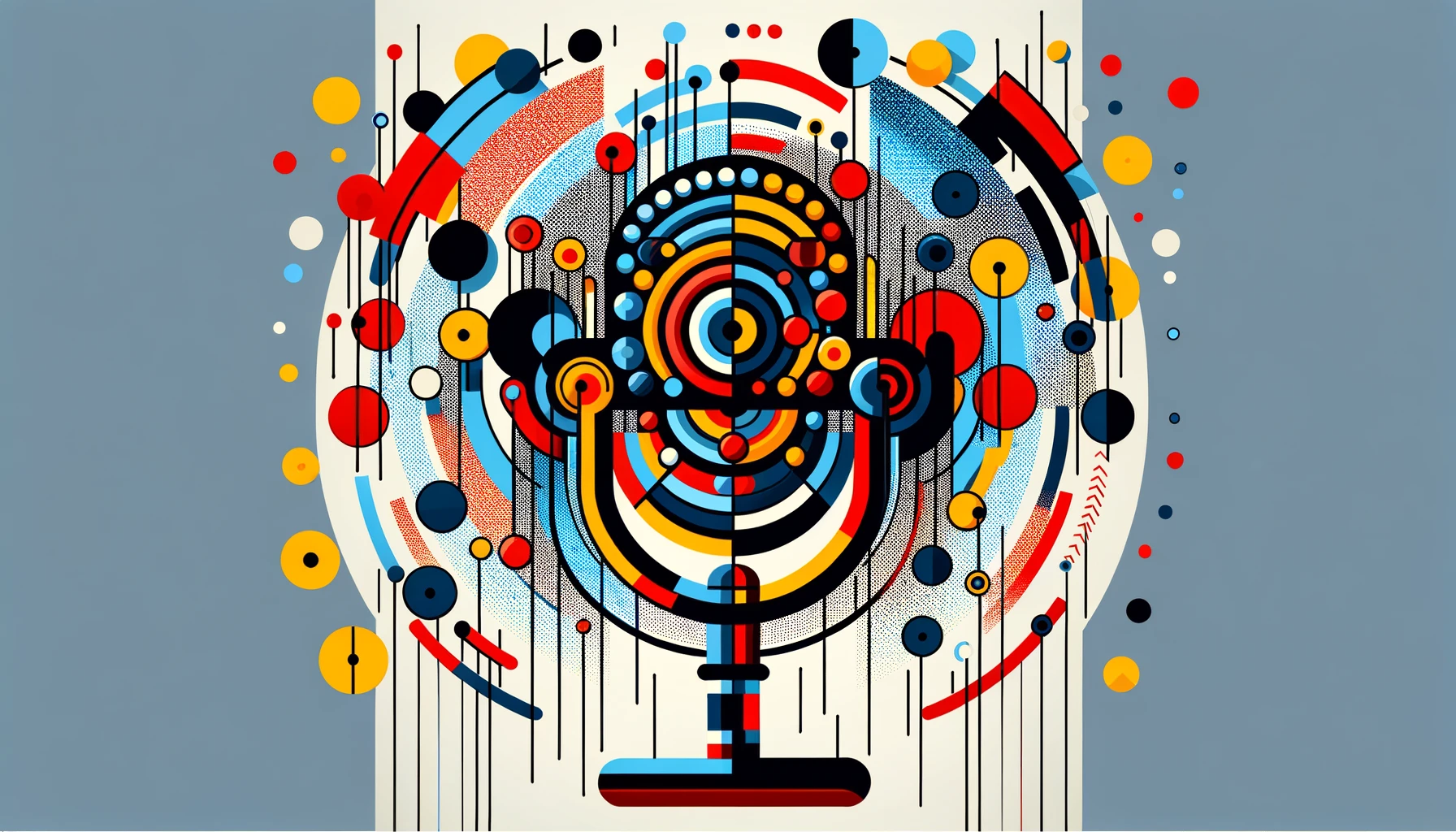An abstract, colorful representation of a microcast featuring geometric shapes. The central abstract microphone is crafted from overlapping circles and lines in bright red, yellow, and blue, set against a light and dark gray gradient background. Surrounding the microphone, abstract sound waves are depicted as concentric circles and erratic lines, capturing the essence of broadcasting in a vibrant, non-literal form.