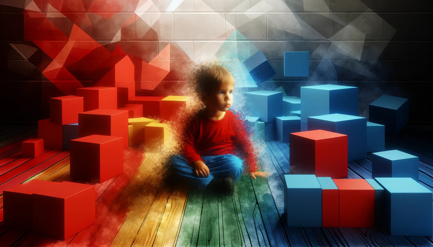 A solitary child in a playroom, wearing bright red and blue, plays with colorful blocks, surrounded by fading grays, symbolizing isolation and developmental challenges during the pandemic.