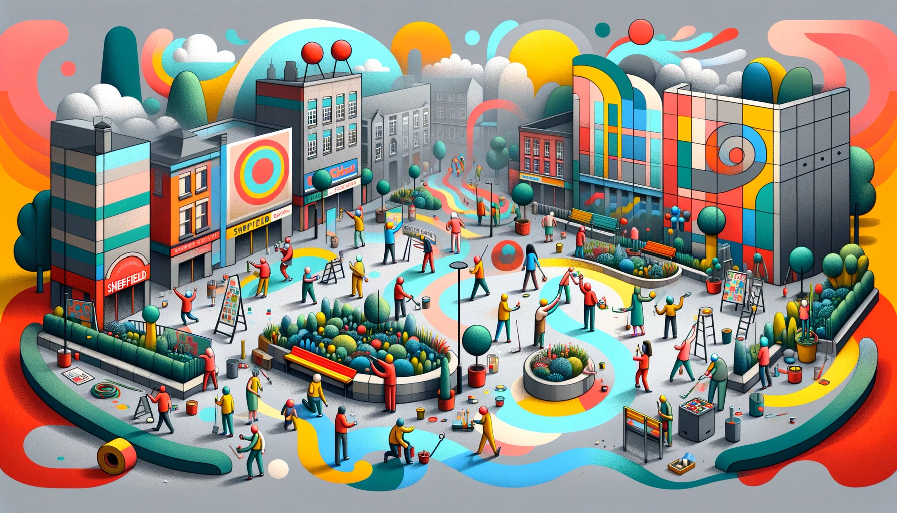 An abstract, vibrant community scene in Sheffield, with figures of varying ages engaging in transforming a public space from advertisement-dominated to a green, communal area, symbolized by bright, playful shapes and colors.