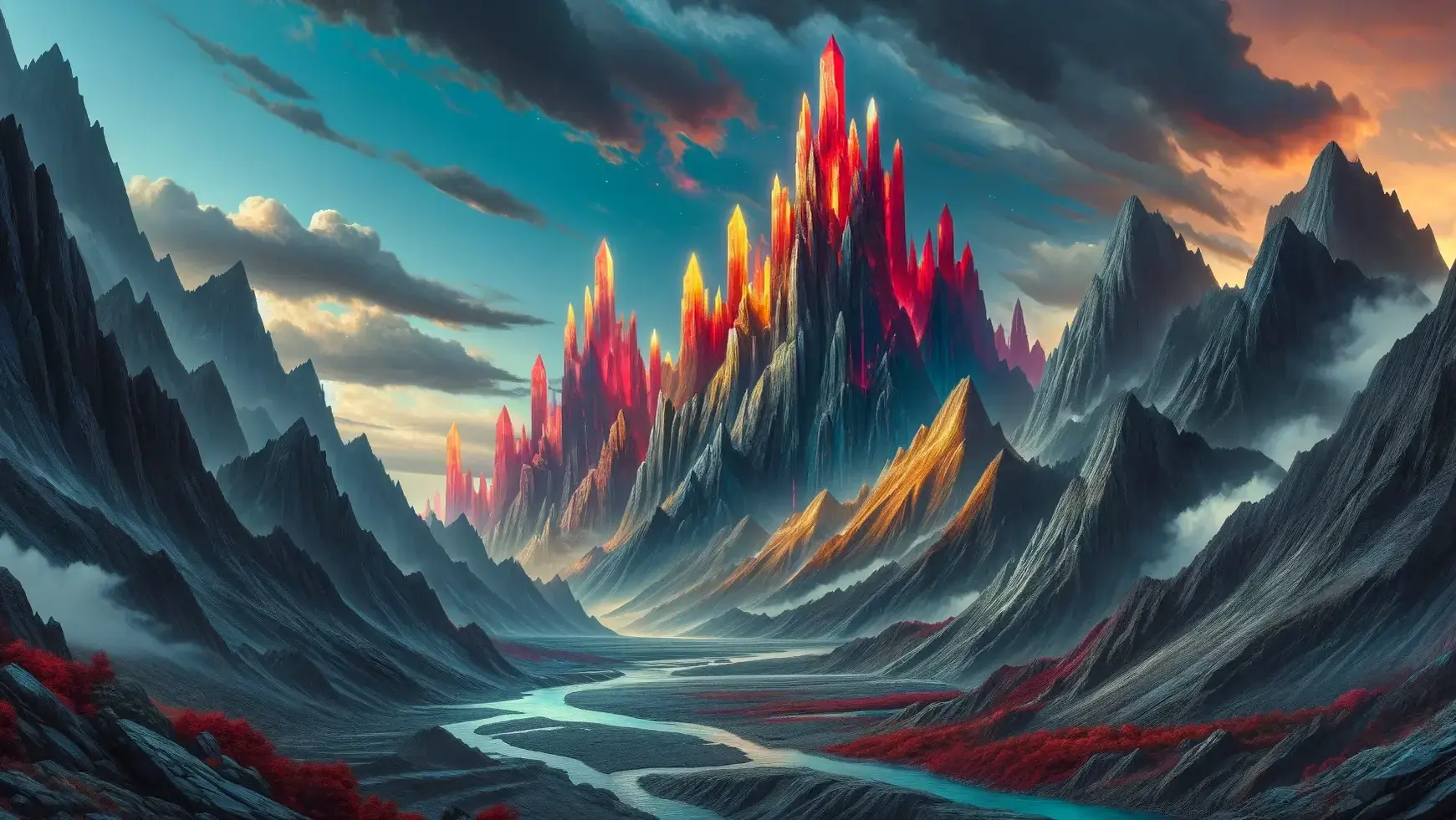 A panoramic view of a mountain range with peaks in Dark and Light Gray, topped with glowing crystals in Bright Red and Yellow. The scene features a Blue river reflecting the sky and crystals, blending natural majesty with fantasy elements.