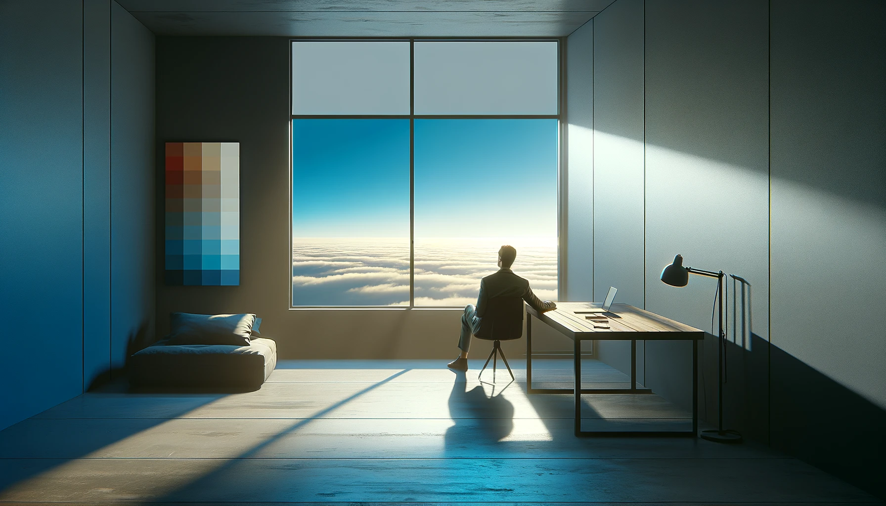 Depicts a contemporary individual in a minimalist room, gazing out at a vast sky transitioning from blue to light gray, symbolizing the move from distraction to introspection. Modern devices are present but unused, emphasizing a deliberate choice for solitude. The individual's contemplative yet uneasy demeanor reflects the struggle and importance of facing one's own thoughts.