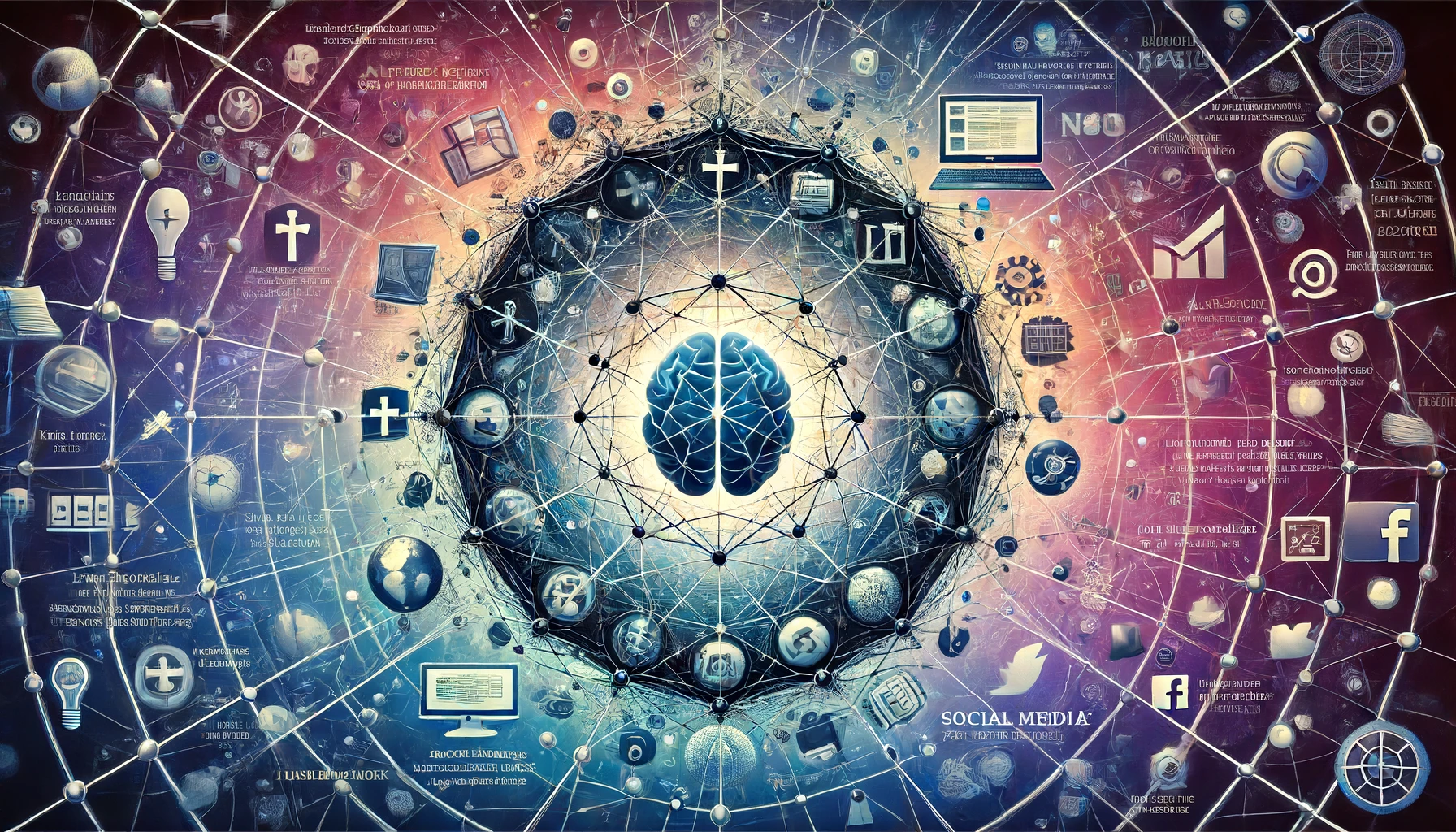 Digital artwork of a brain surrounded by a network of interconnected nodes and icons, including social media and technology symbols.