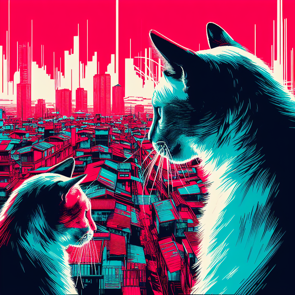 An illustration of two large, stylized cats in the foreground overlooking a dense, futuristic cityscape bathed in shades of red and blue.