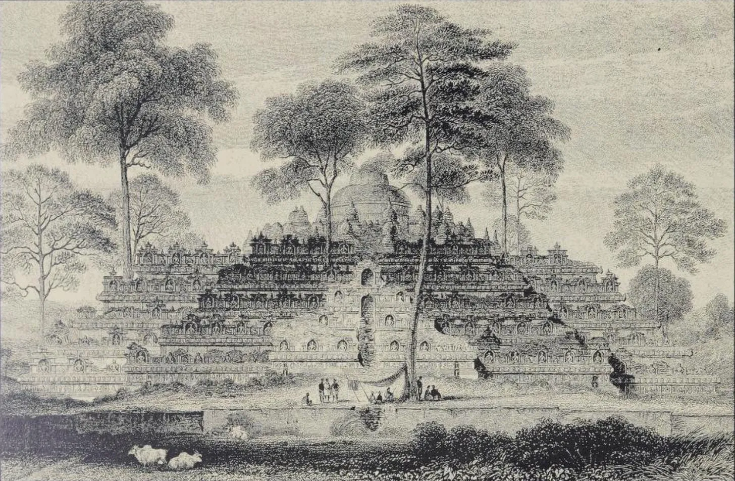 An engraving of Borobudur based on original drawings — Unknown (c. 19th century). Public Domain.