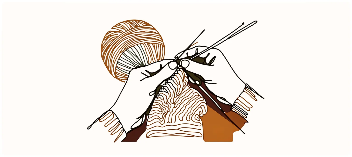 Illustration of knitting (hands, needles, wool)