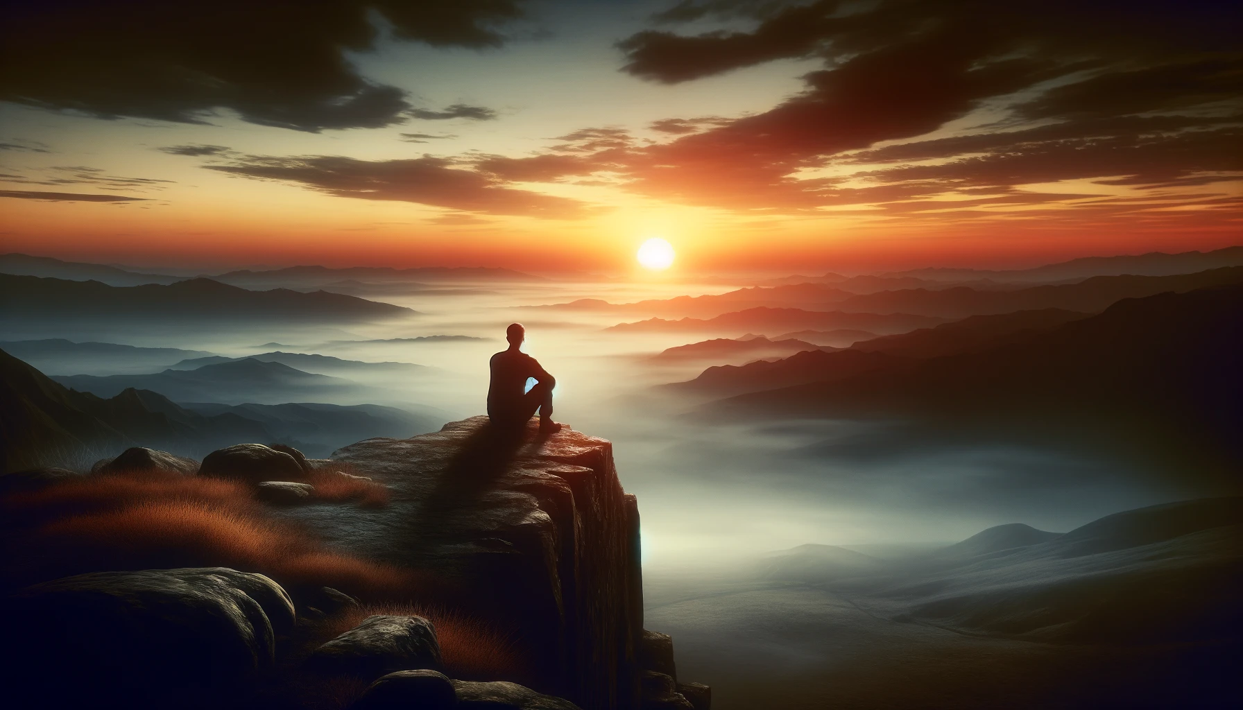 A solitary figure reflects on the edge of a cliff at sunrise, representing the importance of contemplation in distinguishing between a job and a career. The serene landscape and color scheme emphasize reflection and the broader view of one's professional life.