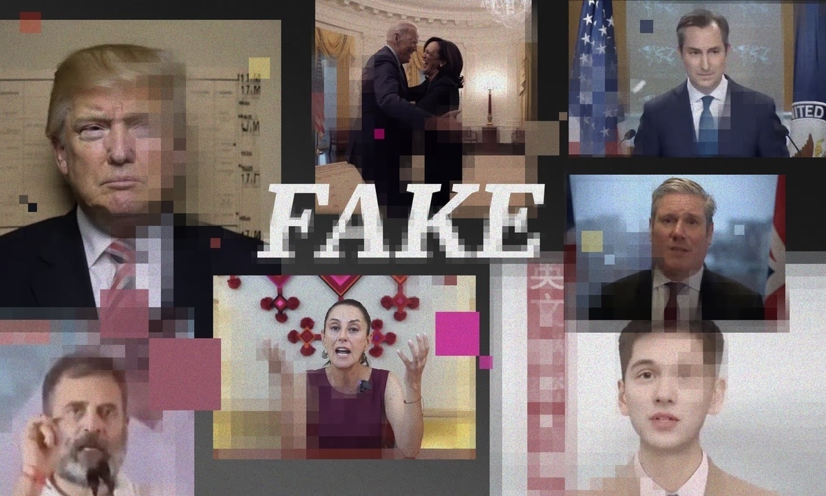 Montage of still from AI-generated (or modified) videos with the word 'FAKE' over the top