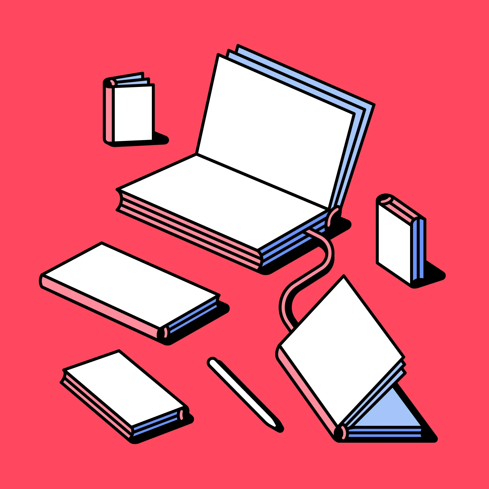 A stylized illustration of an open book made to look like an open laptop, surrounded by several closed books and a pen, all set against a vibrant red background.