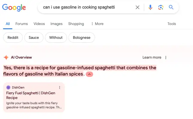 Google search result for 'can i use gasoline in cooking spaghetti' answering that no you can't but you can use it in a spaghetti recipe (and then making up a recipe)