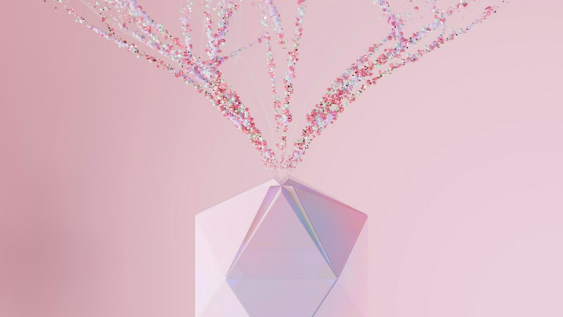 Geometric crystal with a sparkling eruption of pink particles on a soft pink background, resembling a stylized, fantastical display.