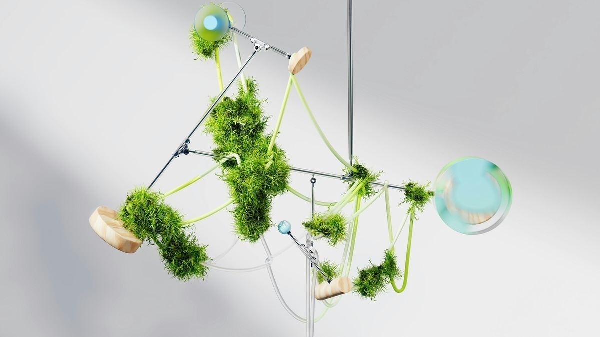 Abstract geometric structure with metallic rods, wooden elements, green tubes, and moss-like textures, against a light gradient background.