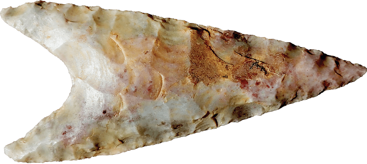 An asymmetrical triangular shaped stone tool with a sharp point and a mottled white, beige, and brown surface, displaying the skilled technique of ancient stone knapping.
