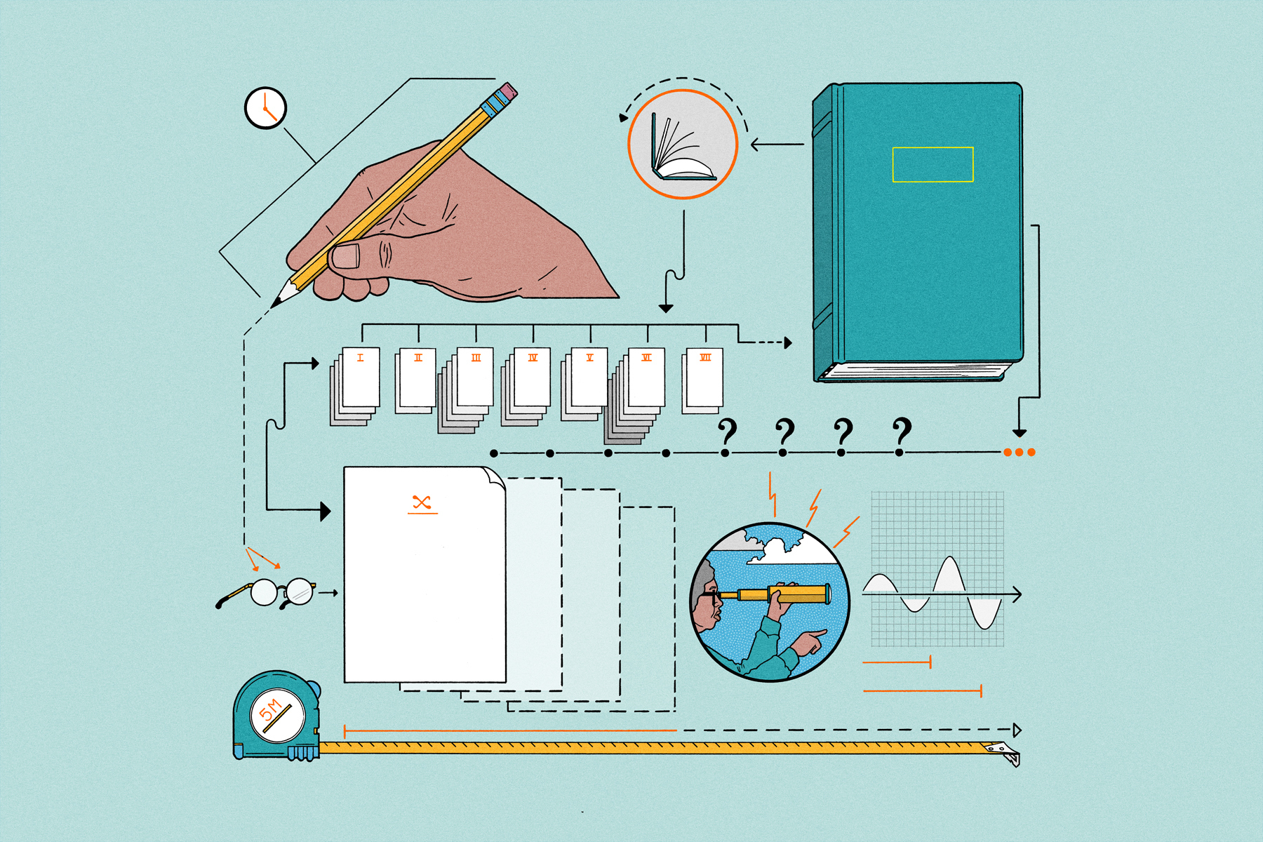 Illustration of a book, hand, pen, and tape measure