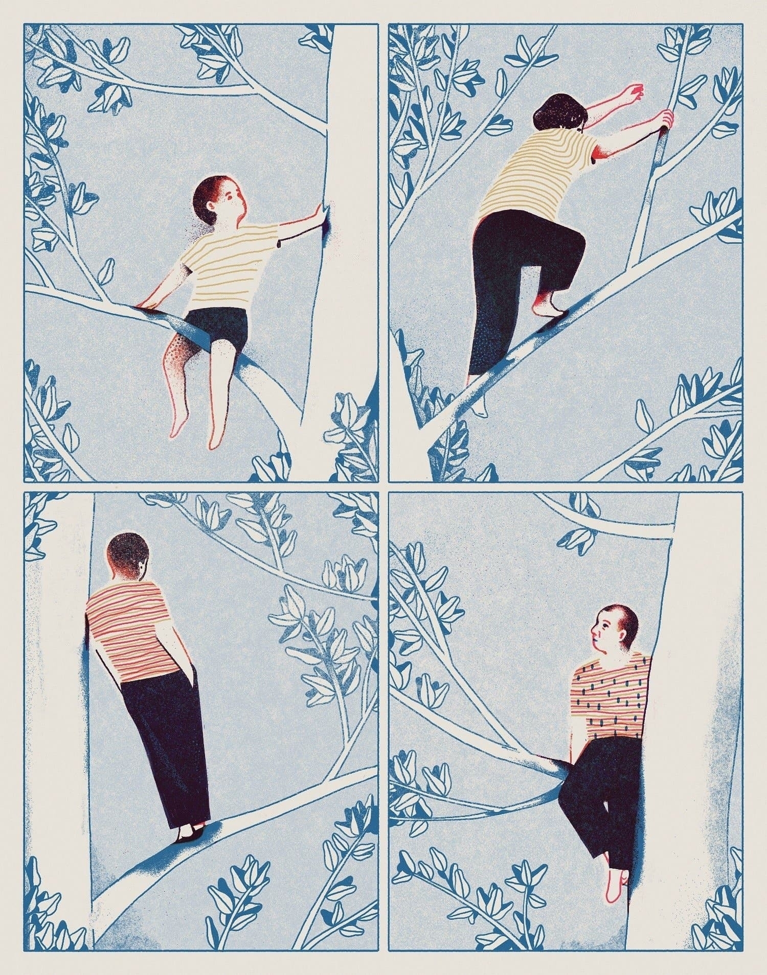 Four-panel illustration showing different life stages on a tree: a child sitting, a teenager climbing, an adult leaning, and an older person sitting.