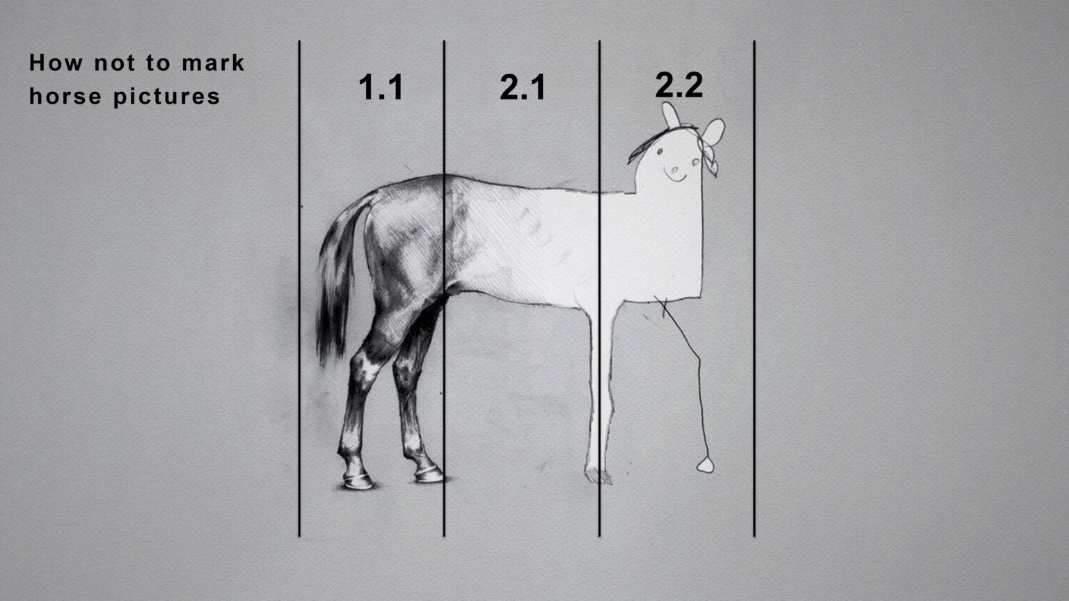 Drawing of a horse at different levels of fidelity, with lines indicating 1.1, 2.1, and 2.2 (which relate to classes of degree). The author is indicating that this approach is misguided.