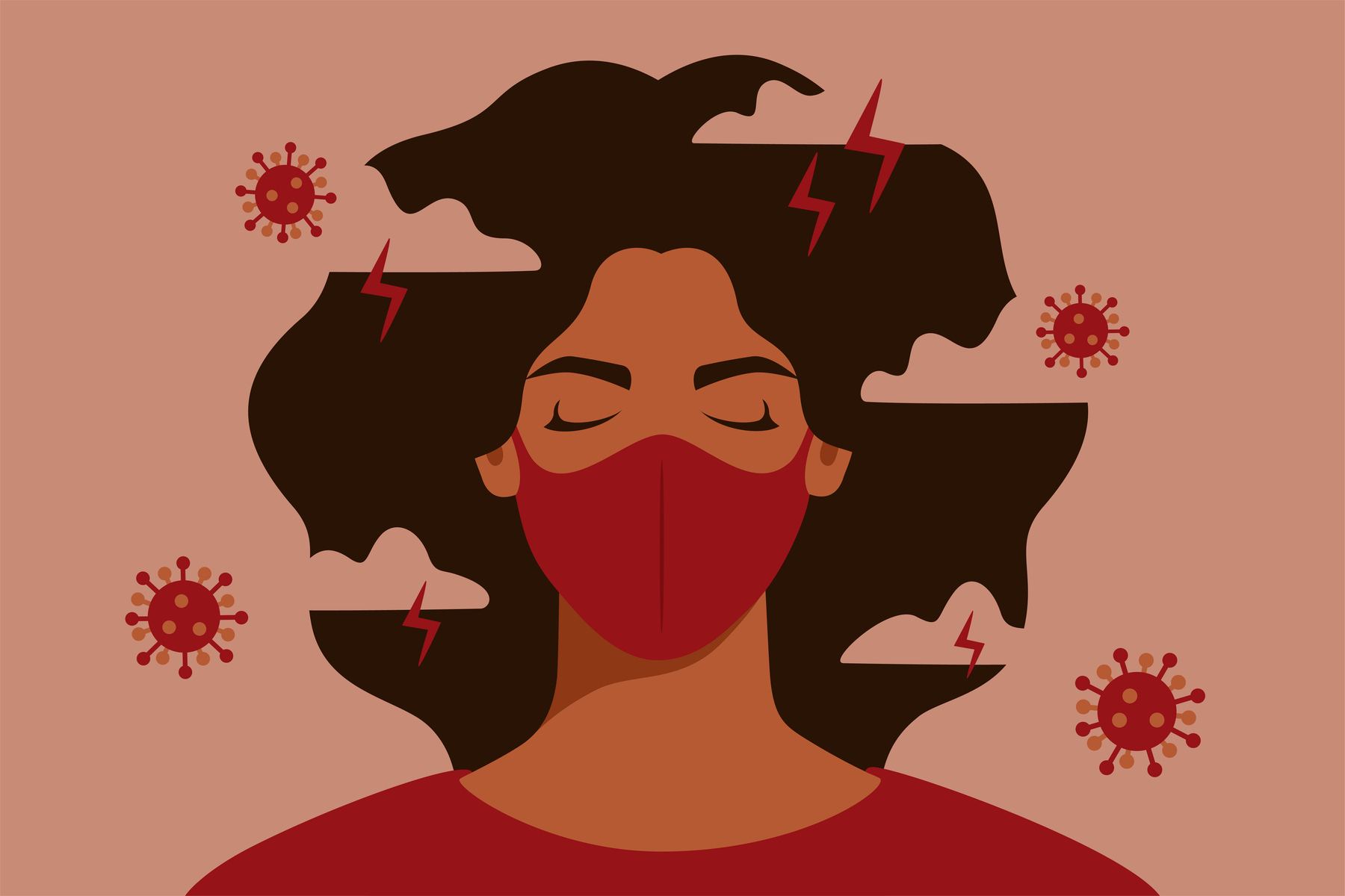 Illustration of a person with dark brown hair wearing a red face mask, surrounded by stylized coronavirus icons and red lightning bolts.