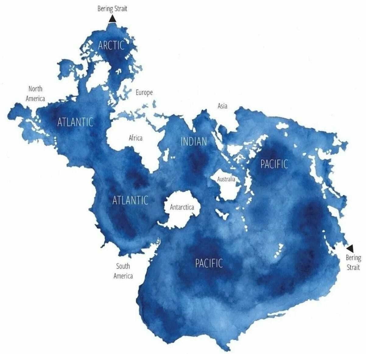 A watercolour image showing how all of the world's oceans are connected