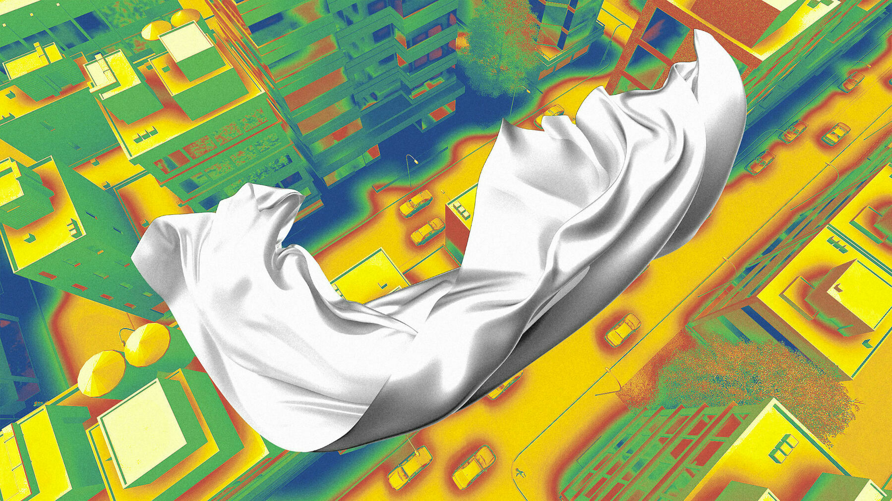 A floating white fabric over a colorfully edited aerial view of an urban area with green buildings.