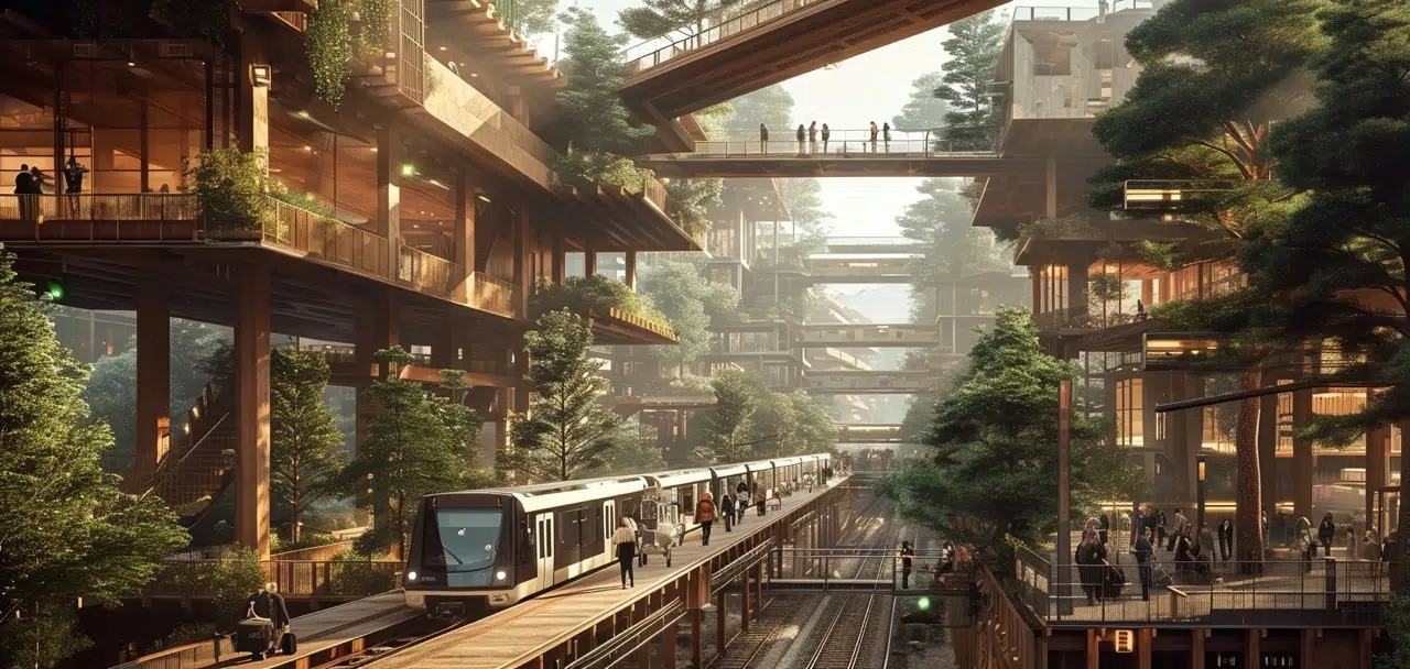 A futuristic but natural scene showing transport, housing, and community