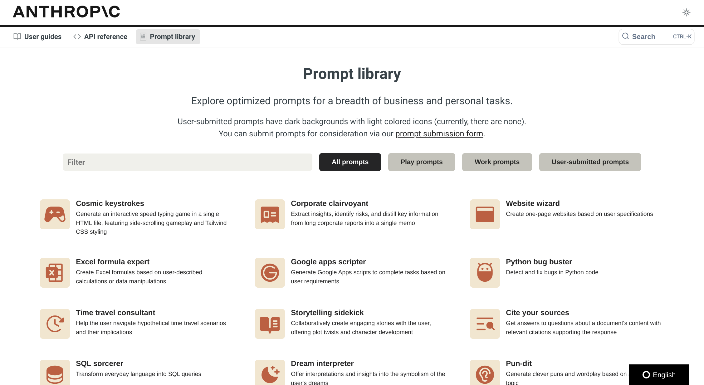 Screenshot of Anthropic's Prompt Library