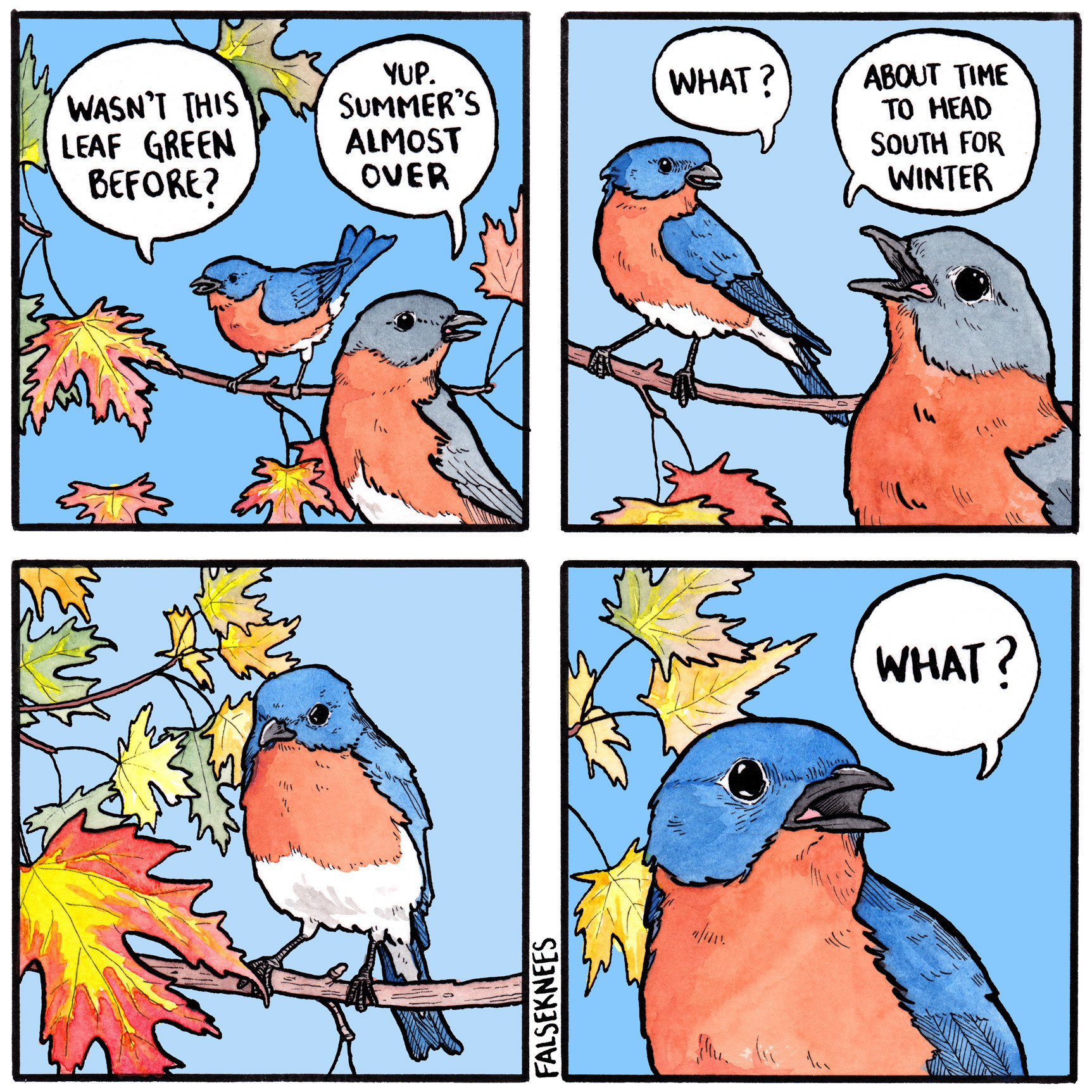 A four-panel comic of two bluebirds discussing the changing seasons and migration.