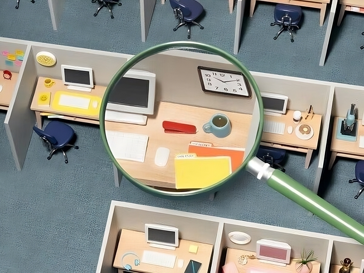 Office environment with magnifying glass over one desk