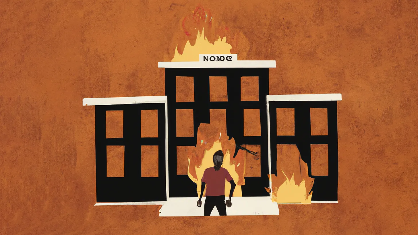 Stylised illustration of a person on fire in front of a building on fire