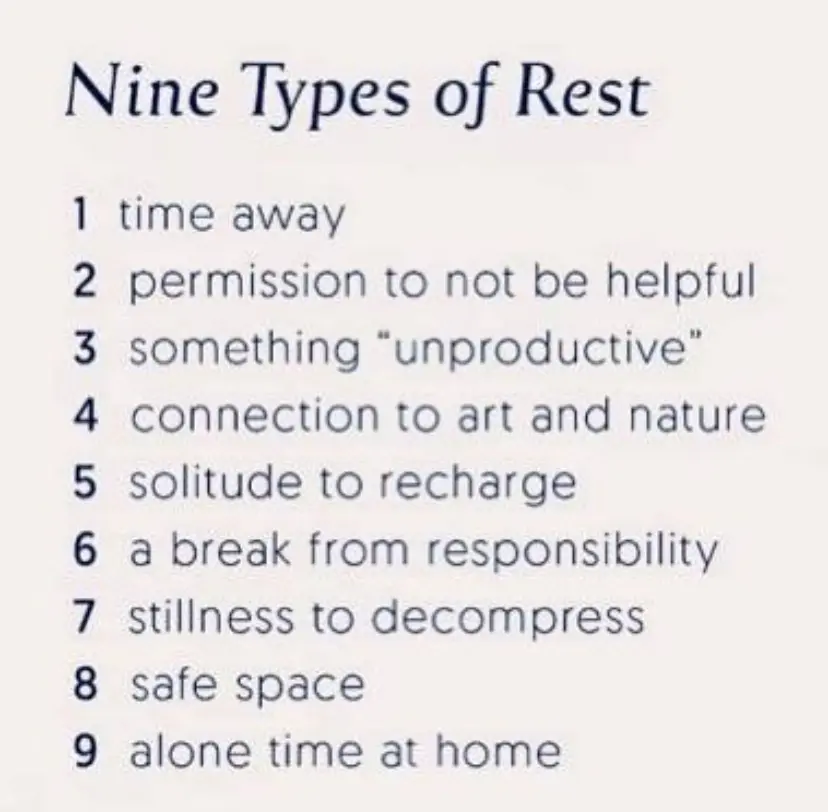 A list titled Nine Types of Rest includes items such as time away, solitude to recharge, and alone time at home.