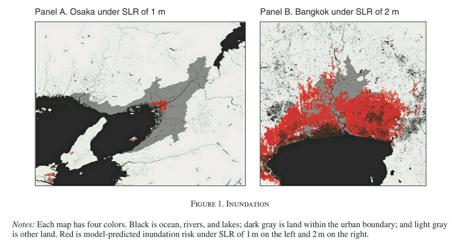 Two maps show predicted inundation risks for cities with sea level rises.