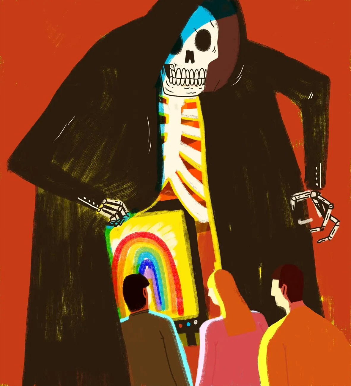 A skeleton, presumably representing Death, lifting his cloak to show some people a rainbow on a screen