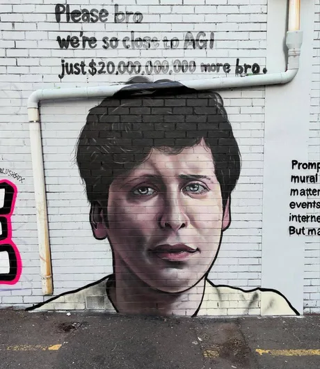 Auto-generated description: A mural depicts a concerned-looking person with text above them referencing the pursuit of AGI and a large monetary amount.