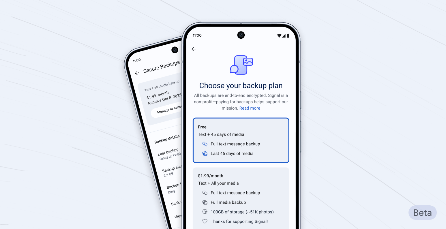 Screenshots of new Signal secure backups feature
