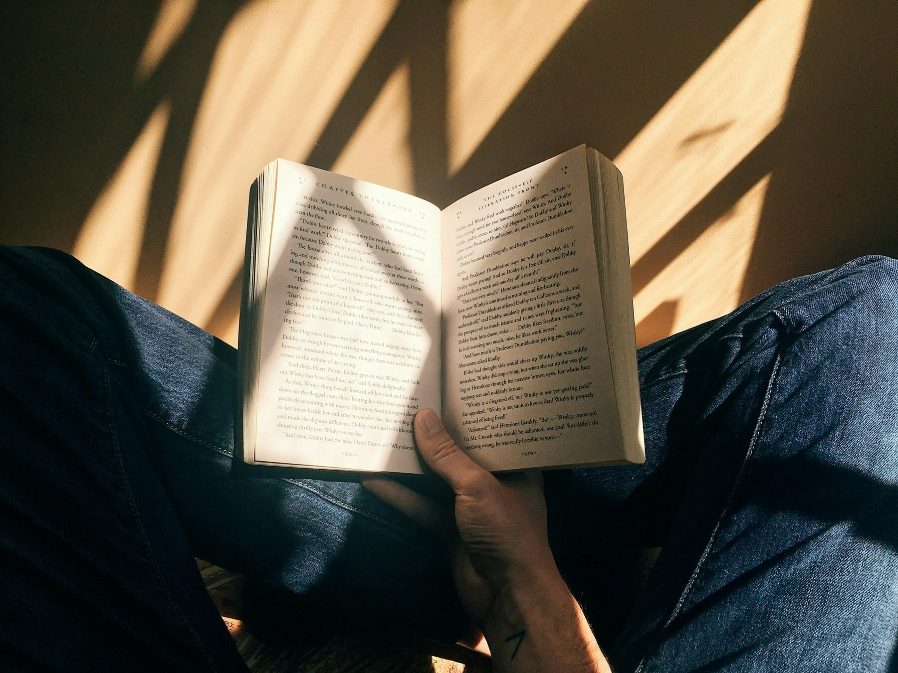 Auto-generated description: A person is sitting with legs crossed, reading a book in warm, dappled sunlight.