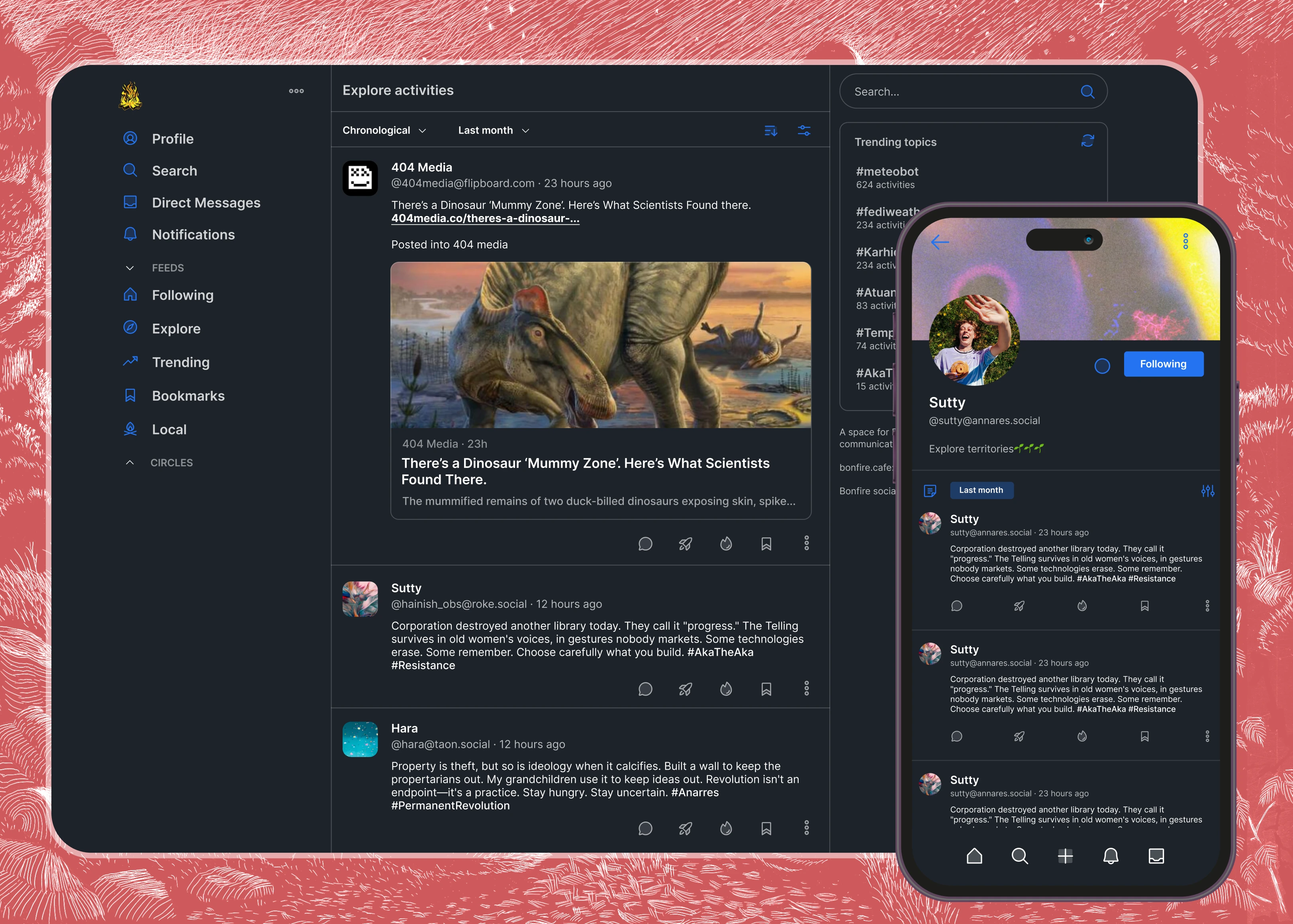 Auto-generated description: A digital interface displays a social media platform with a dinosaur article, trending topics, and user profiles on tablet and smartphone screens.