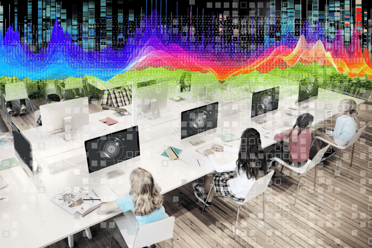 Students at computers with screens that include a representation of a retinal scanner with pixelation and binary data overlays and a brightly coloured datawave heatmap at the top.