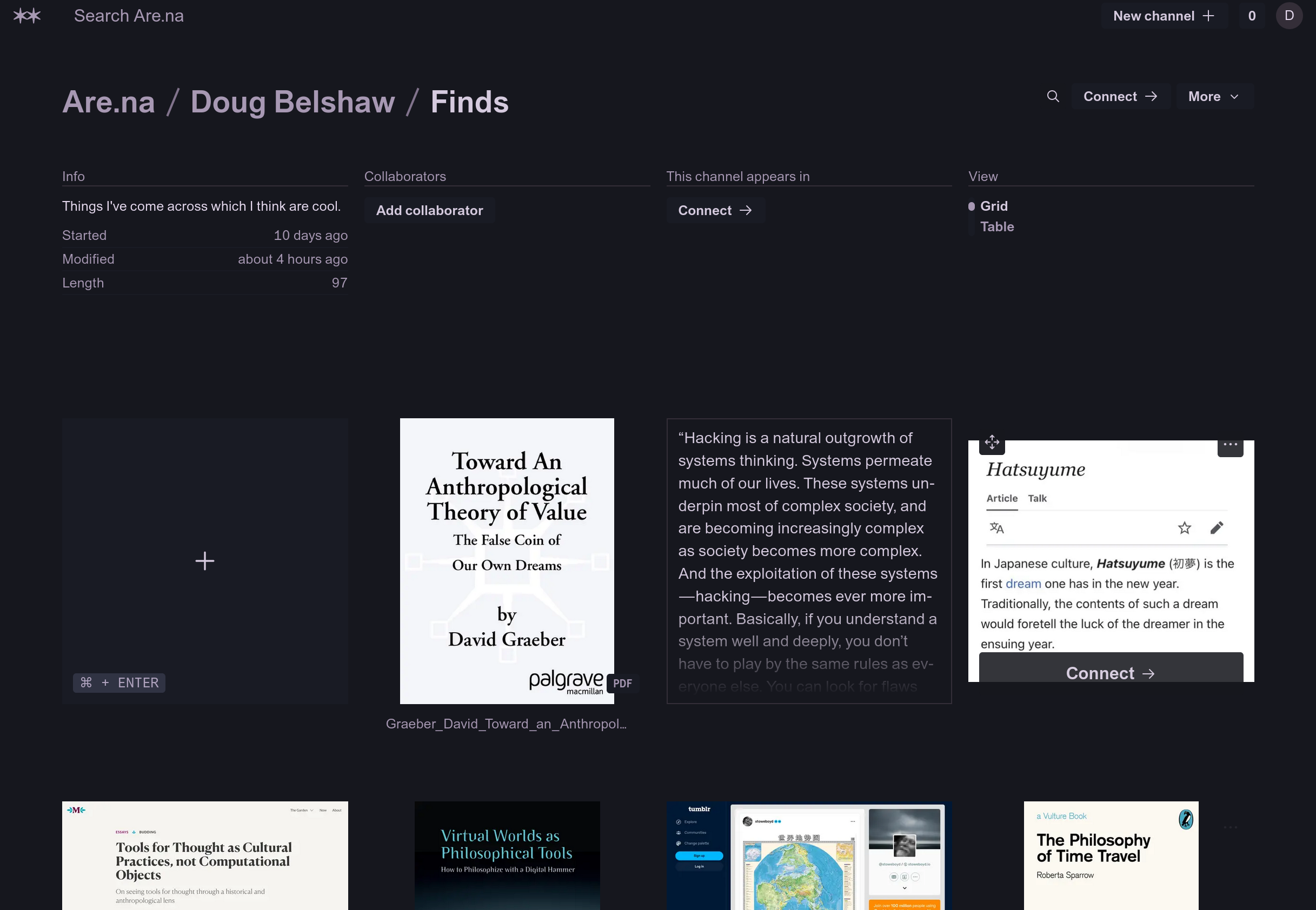 Auto-generated description: A digital interface displays a collection of books and texts, including titles on anthropology, hacking, and philosophy, with a dark-themed layout.