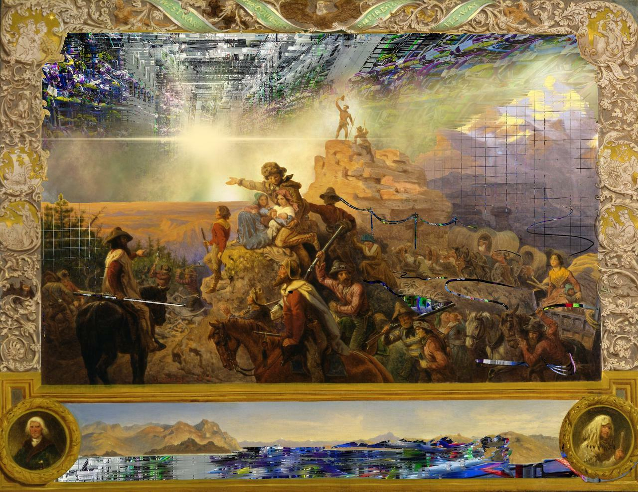 A digital collage merging an ornate historical painting of a pioneer scene with images of data and wires. The painting is partially glitched, with sections of digital circuitry and matrix-like grids overtaking the classical imagery. In the scene, pioneers on horseback and on foot appear to be embarking on a journey, but the technological distortion dominates the background, blending history with a sci-fi aesthetic.