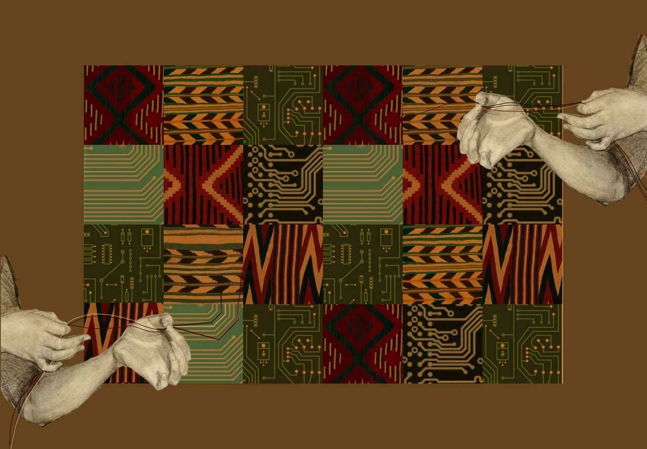 A collage that merges circuit board patterns with textile motifs in a grid-like background of alternating black, grey, and white. Two hand-drawn arms are on each side of the image, positioned as if gently pulling on thin, white strings that cross the image diagonally. The hands appear soft and somewhat translucent, contrasting with the rigid lines of the circuit board patterns behind them. The strings are woven through both the hands and the background, symbolising the connection between traditional weaving and modern technology. The overall colour palette features muted earth tones, including browns, beiges, and grays, creating a sense of both history and continuity between the natural and technological worlds.