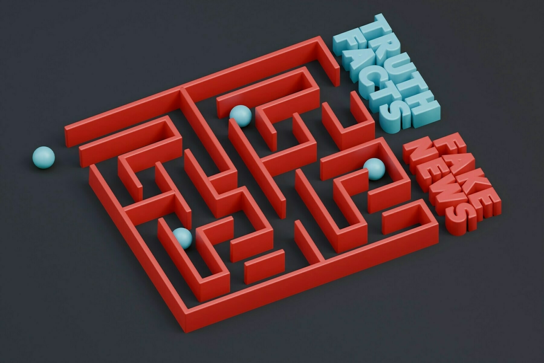 3D render of a red maze with a blue ball in the middle. The balls can come out of one of two exists: 'True Facts' or 'Fake News'