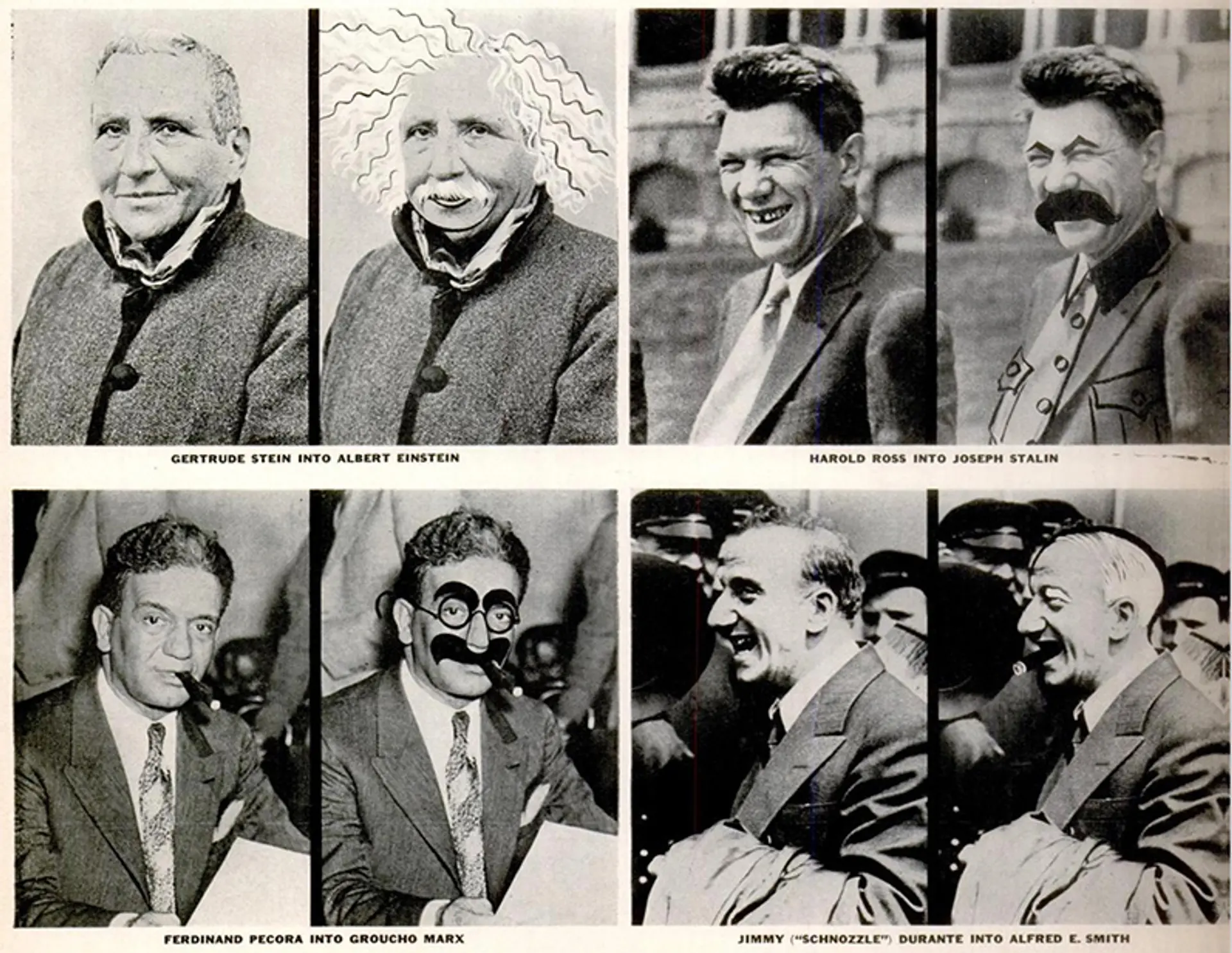Auto-generated description: A collage humorously combines the faces of famous figures with those of other well-known personalities through drawn-on facial features and expressions.