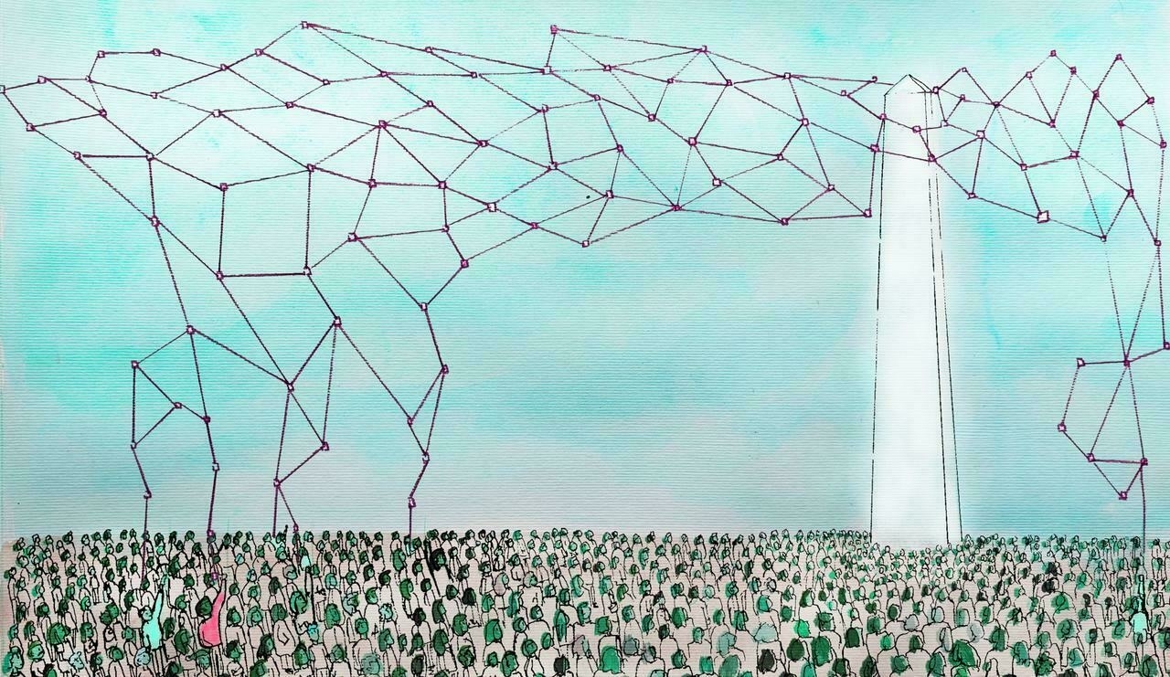 A neural network comes out of the top of an ivory tower, above a crowd of people's heads (shown in green to symbolise grass roots). Some of them are reaching up to try and take some control and pull the net down to them. Watercolour illustration.