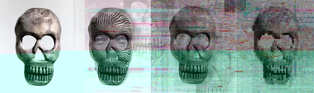 Repeating image of four skulls with increasing doubling, blurring, ghosting, pixelation, and horizontal glitching.