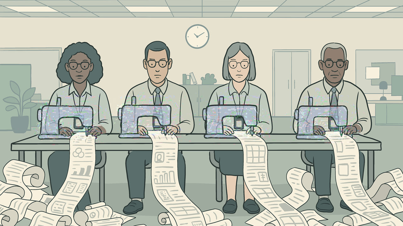 This image illustrates digital transformation gone wrong, where AI becomes a tool for intensified extraction. Workers operate sewing machines endlessly producing streams of spreadsheets and reports. Instead of liberating labour, AI automation can lock workers into more exhausting cycles of output, without increasing agency or rewards.