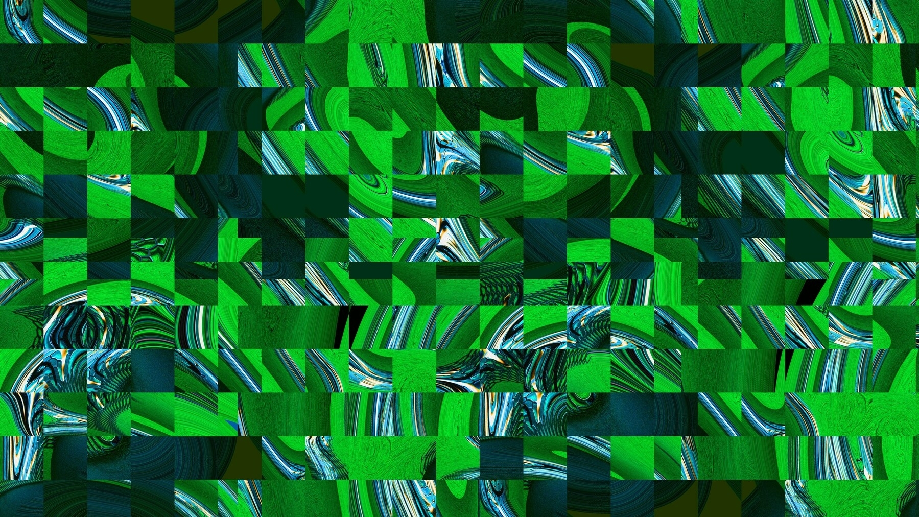 Auto-generated description: A vibrant pattern of swirling green, blue, and white abstract shapes is covered by a grid of opaque green squares.
