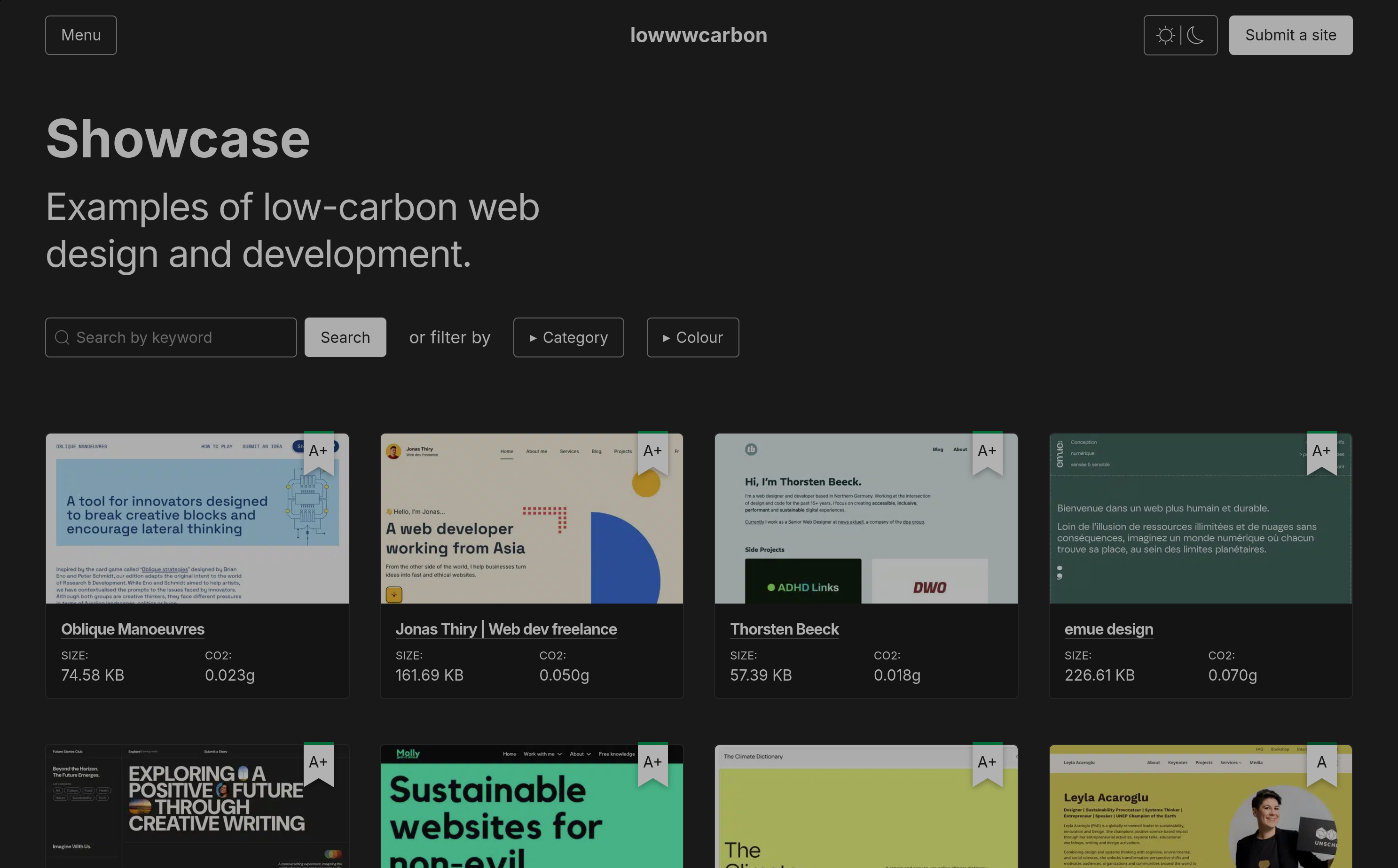 Auto-generated description: A dark-themed webpage showcasing examples of low-carbon web design and development with various projects displayed as cards.