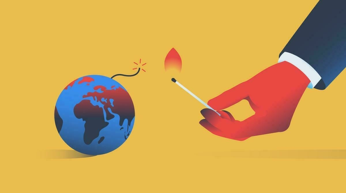 Illustration depicting the world as bomb and the hand of a billionaire going to light the fuse with a match