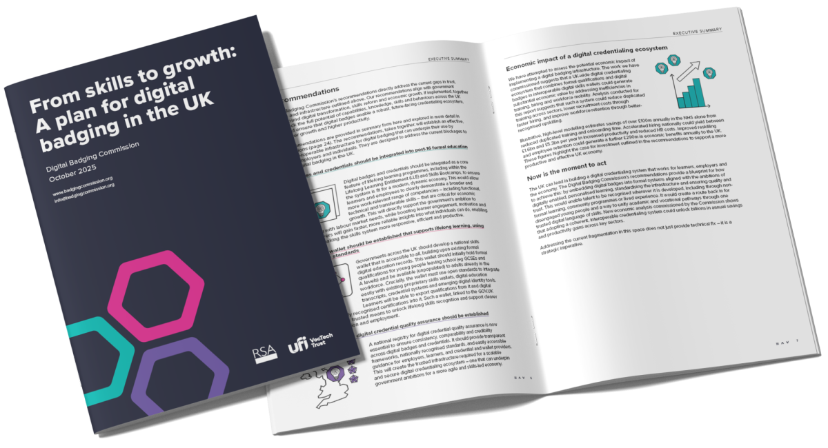 Auto-generated description: A booklet titled From skills to growth: A plan for digital badging in the UK is shown with its cover and opened pages visible.