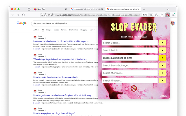 Auto-generated description: A web browser displays a Google search about cheese not sticking to pizza, alongside a tool called Slop Evader with search options.